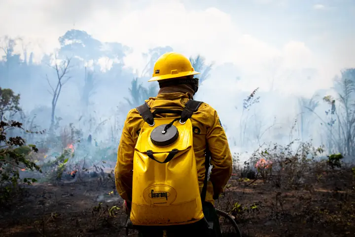 Brigadista diante do fogo, numa área de mata queimada.